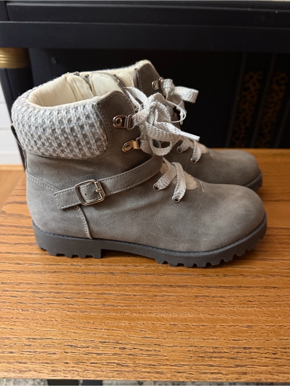 Falls Creek Gray Suede-Style Lace-Up Kids Ankle Boots with Knit Collar